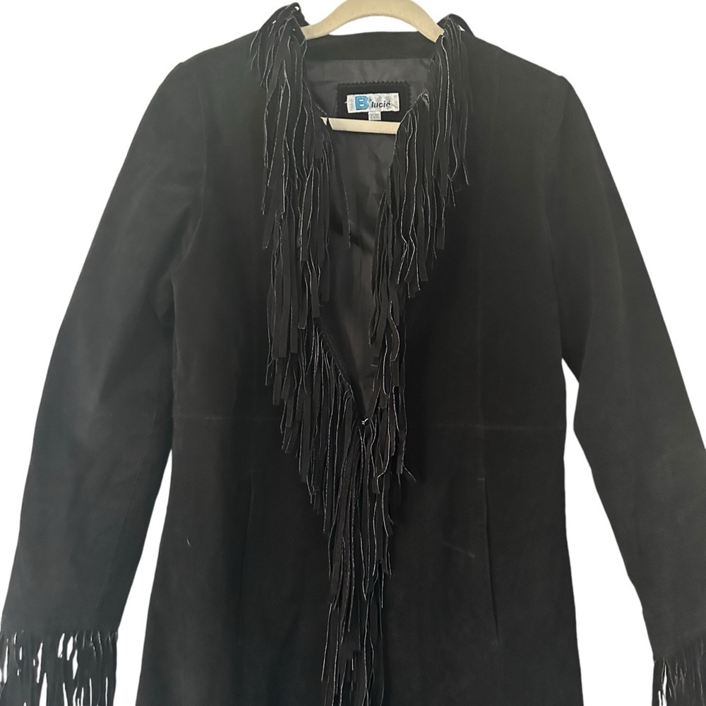VTG B Lucid Black Suede Fringe Duster Jacket XS Boho Festival Coat - Picture 5 of 16